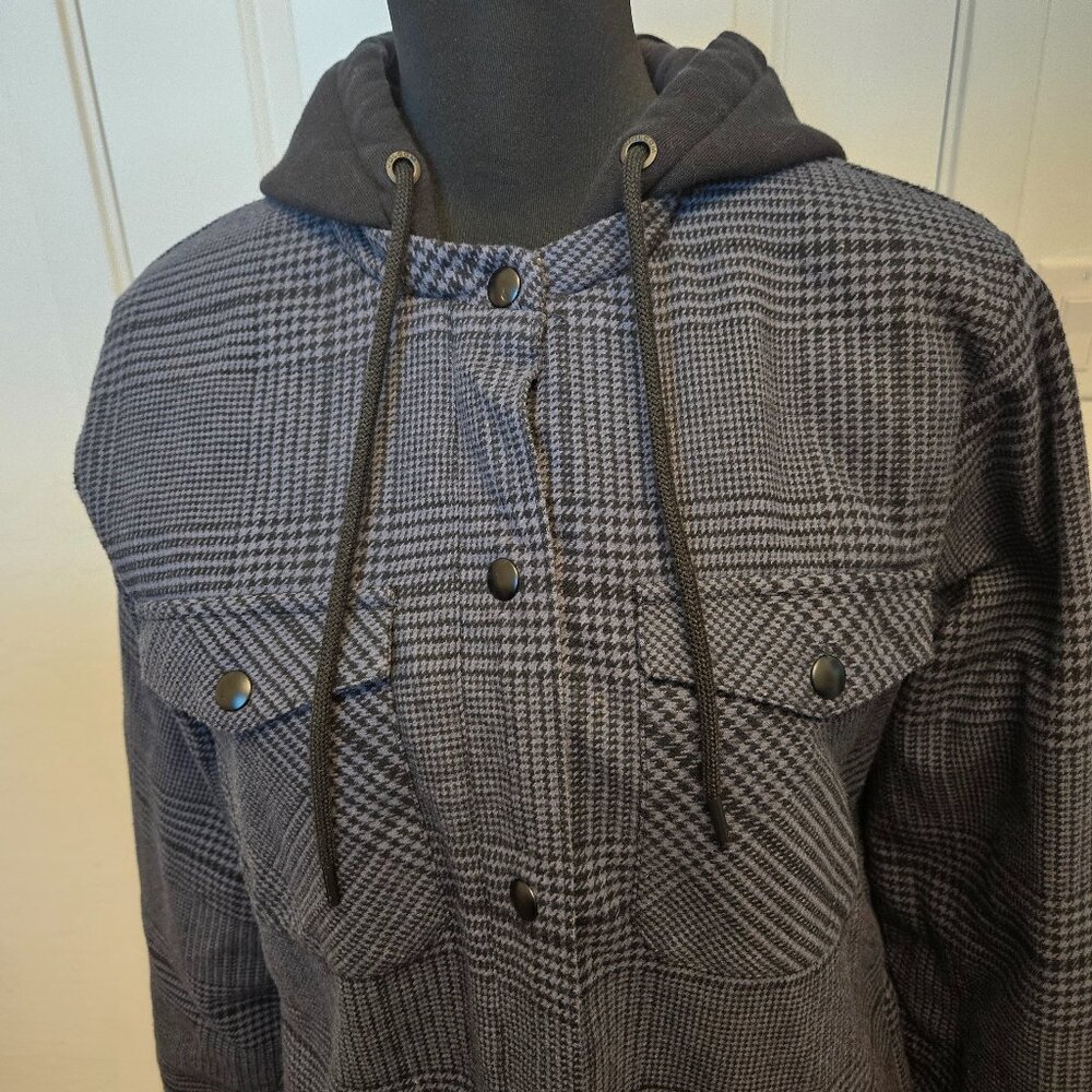 Volcom Hooded Flannel Shacket Plaid Shirt Jacket Size S Black Gray Insulated - Picture 4 of 16